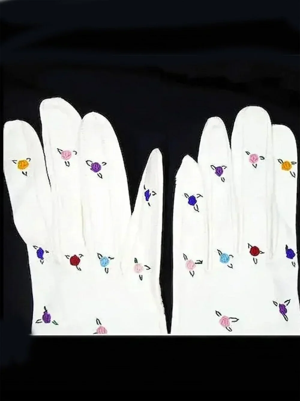 White Kid Leather Gloves, Multicolor Floral Embroidery - 50s 1950s Vintage